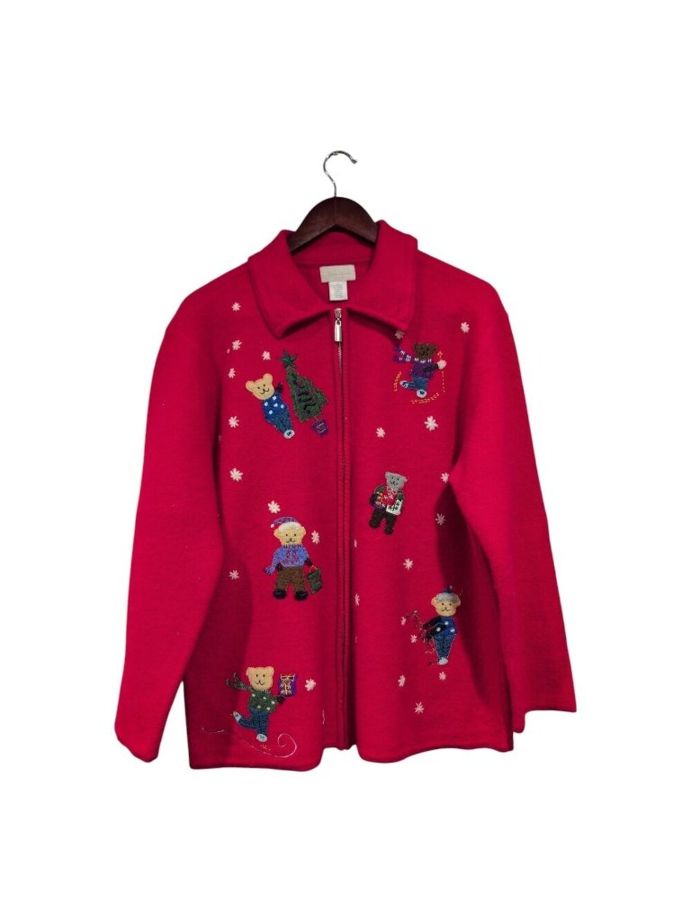 Studio Works Women Red Wool Full Zip Embroidered Teddy Bear Holiday Sweater Sz M